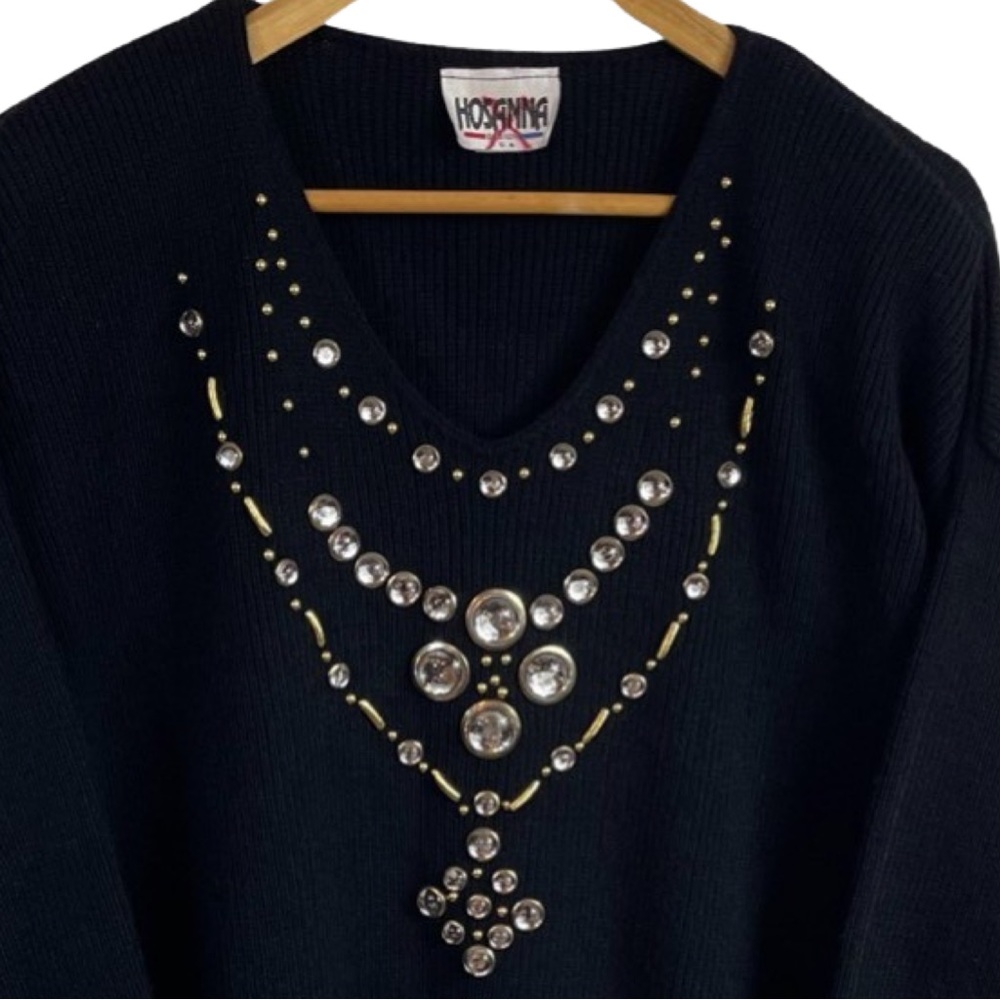 Vintage Hosanna Embellished V-Neck Sweater OS (See Measurements) Black - Picture 2 of 7